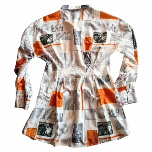 HALFHEART Shirt Dress Newspaper Print Button Down White Orange Gray LARGE - Picture 3 of 9